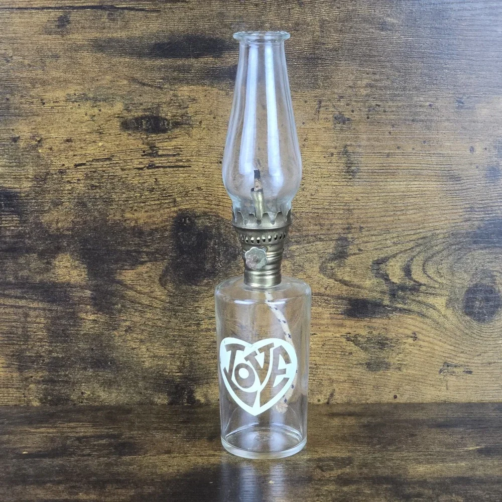 Vintage Foster Forbes Glass Co. Bottle Oil Lamp‎ LOVE Graphic Mini Kerosene 10